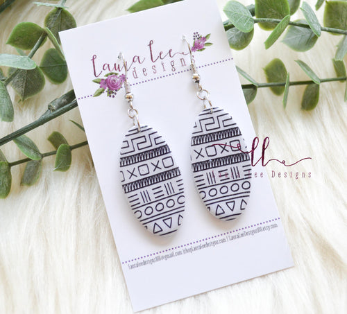 Jackie Oval Clay Earrings || Gray and Black Aztec