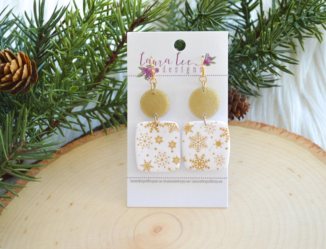 Angel Square Clay Earrings || Gold and White Snowflakes || Made to Order