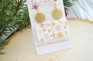 Angel Square Clay Earrings || Gold and White Snowflakes || Made to Order