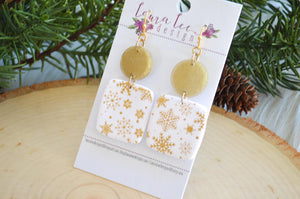 Angel Square Clay Earrings || Gold and White Snowflakes || Made to Order