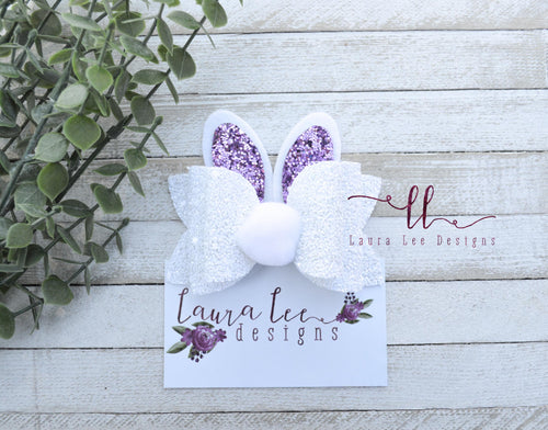 Stacked Izzy Style Bunny Bow || Lavender Glitter Ears with Bunny Tail