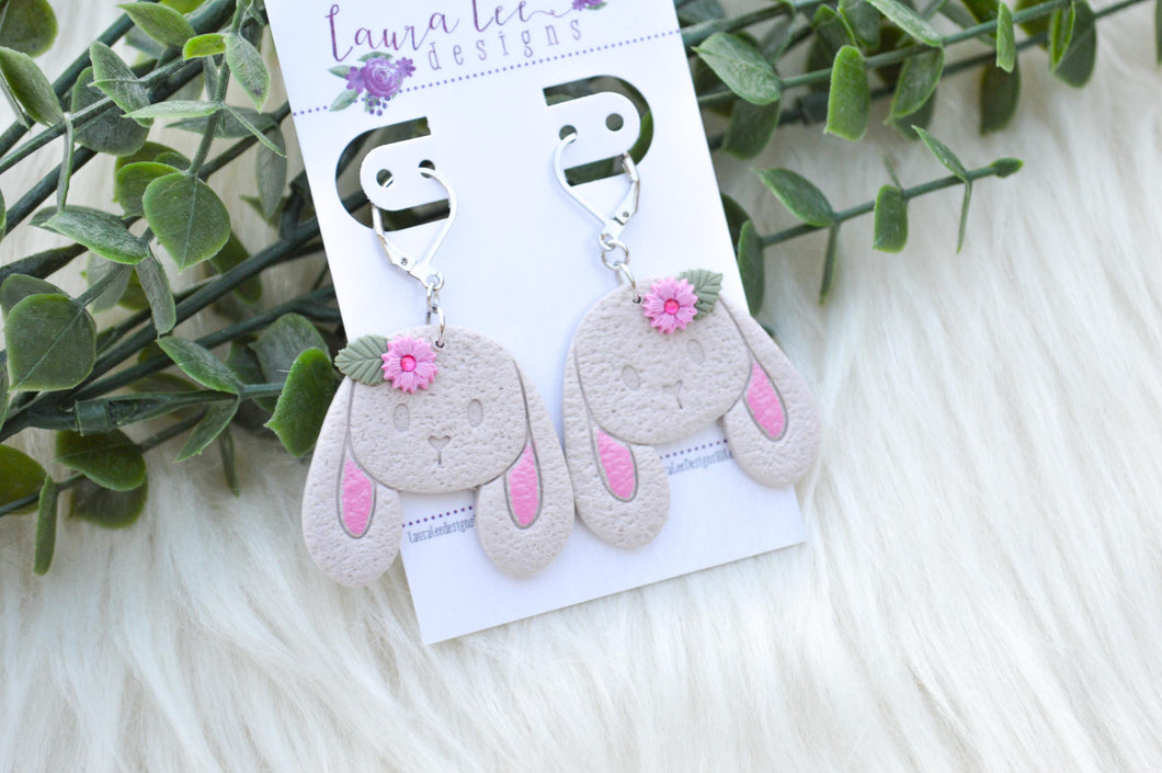 Bunny Clay Earrings || Tan Bunnies with Flowers || Made to Order