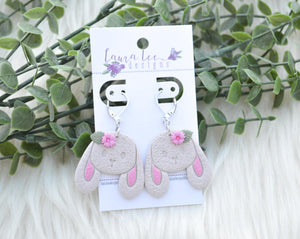 Bunny Clay Earrings || Tan Bunnies with Flowers || Made to Order