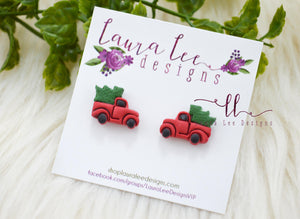 Christmas Trucks Stud Earrings ||  Red Truck with Christmas Tree
