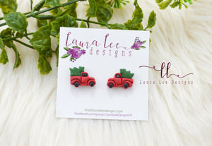 Christmas Trucks Stud Earrings ||  Red Truck with Christmas Tree