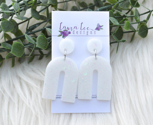 Stud Arch Resin Earrings || White Iridescent Glitter