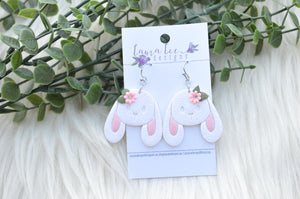 Bunny Clay Earrings || White Bunnies with Flowers