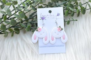 Bunny Clay Earrings || White Bunnies with Flowers || Made to Order