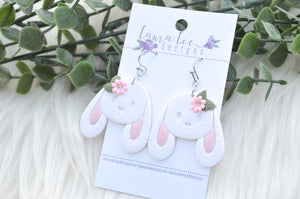 Bunny Clay Earrings || White Bunnies with Flowers