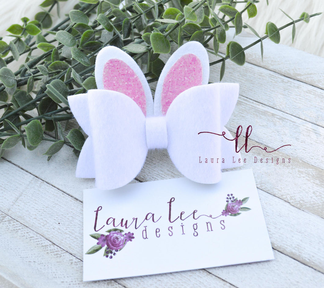 Izzy Style Bunny Bow || Fuzzy White with Pink Glitter Ears