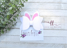 Izzy Style Bunny Bow || Fuzzy White with Pink Glitter Ears