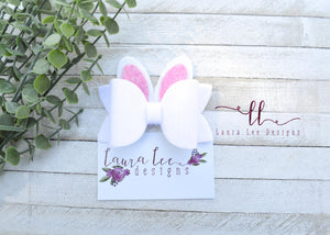 Izzy Style Bunny Bow || Fuzzy White with Pink Glitter Ears