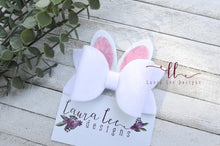 Izzy Style Bunny Bow || Fuzzy White with Pink Glitter Ears