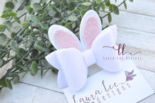 Izzy Style Bunny Bow || Fuzzy White with Light Pink Glitter Ears