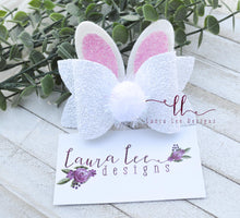 Izzy Style Bunny Bow || White Glitter with Pink Glitter Ears