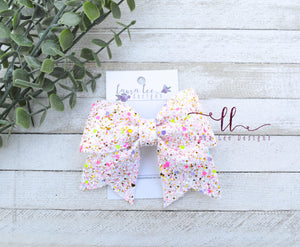 Large Missy Bow || White Neon Speckled Glitter