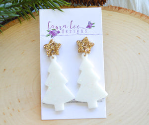 Star Stud Christmas Tree Resin Earrings || White Irridescent Glitter with Gold Star