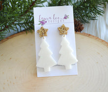 Star Stud Christmas Tree Resin Earrings || White Irridescent Glitter with Gold Star