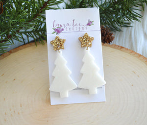 Star Stud Christmas Tree Resin Earrings || White Irridescent Glitter with Gold Star