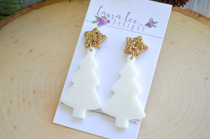 Star Stud Christmas Tree Resin Earrings || White Irridescent Glitter with Gold Star