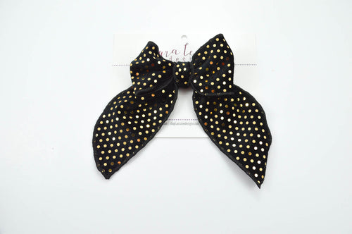 Large Timber Bow || Black with Gold Polka Dots