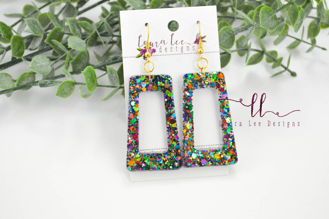 Resin Earrings || Multicolor Glitter Rectangle