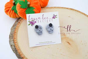 Skull Stud Earrings || Silver Floral