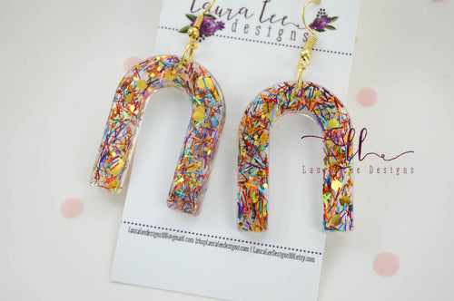 Resin Earrings || Rainbow Confetti Shards Glitter Arch