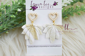 Large Lotus Flower Clay Earrings || White and Gold Glitter
