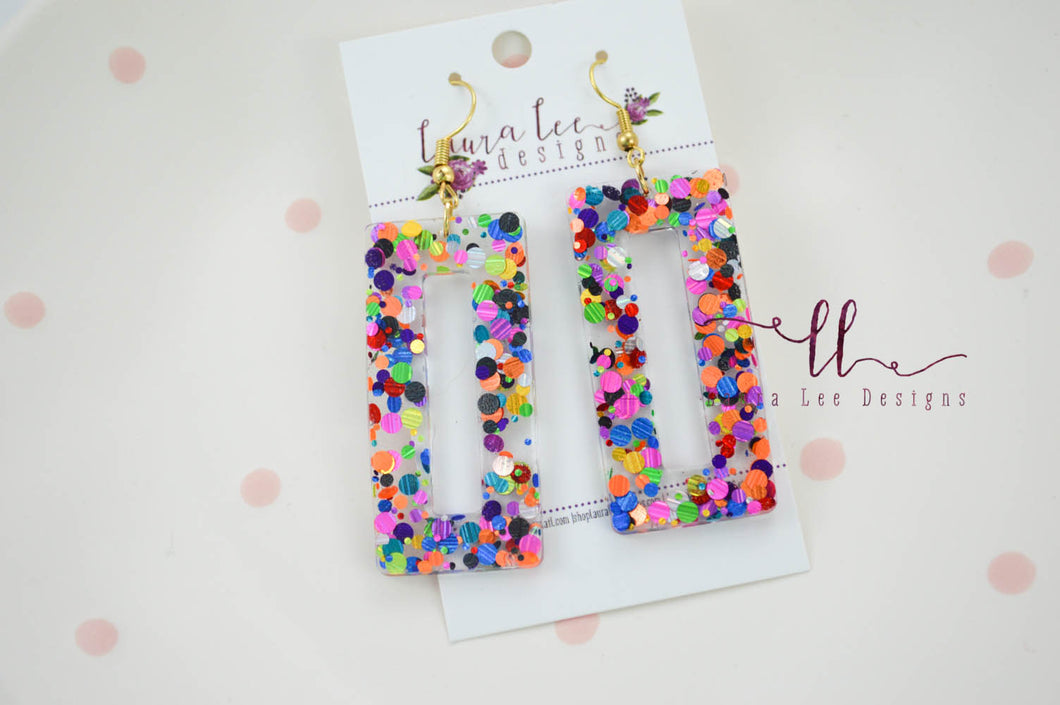 Resin Earrings || Rainbow Confetti Glitter Rectangle