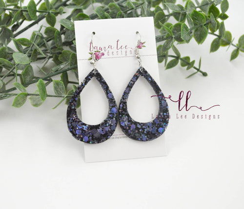 Resin Earrings || Black Glitter Teardrop