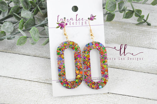 Resin Earrings || Rainbow Glitter Long Oval