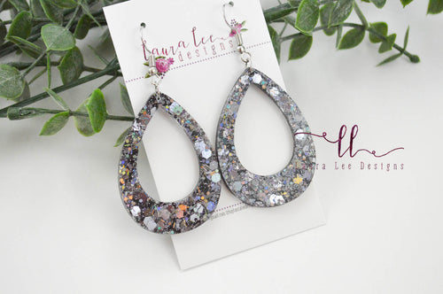 Resin Earrings || Gray Confetti Glitter Teardrop