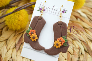 Boots Clay Earrings || Brown with Fall Flowers || Made to Order