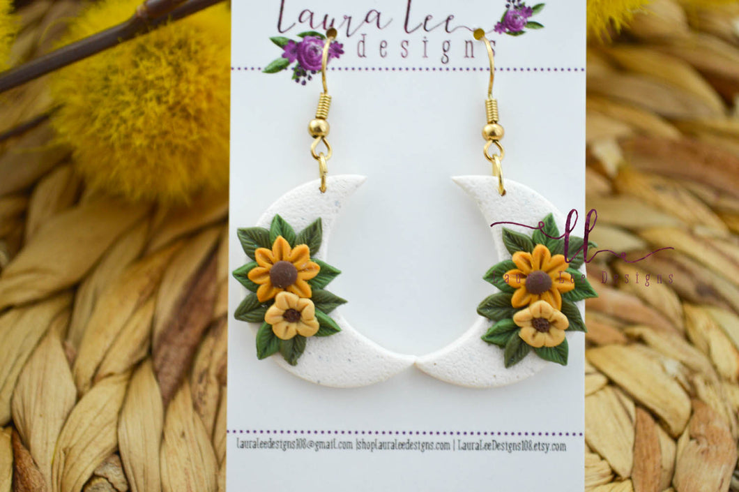 Moon Clay Earrings || Fall Floral Moons