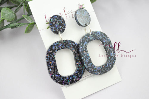 Resin Earrings || Black Rainbow Glitter Rounded Rectangle