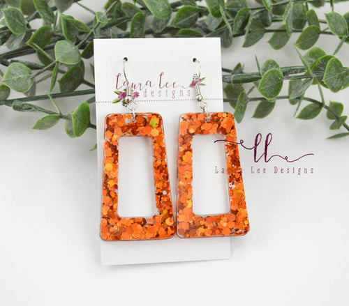 Resin Earrings || Orange Glitter Rectangle