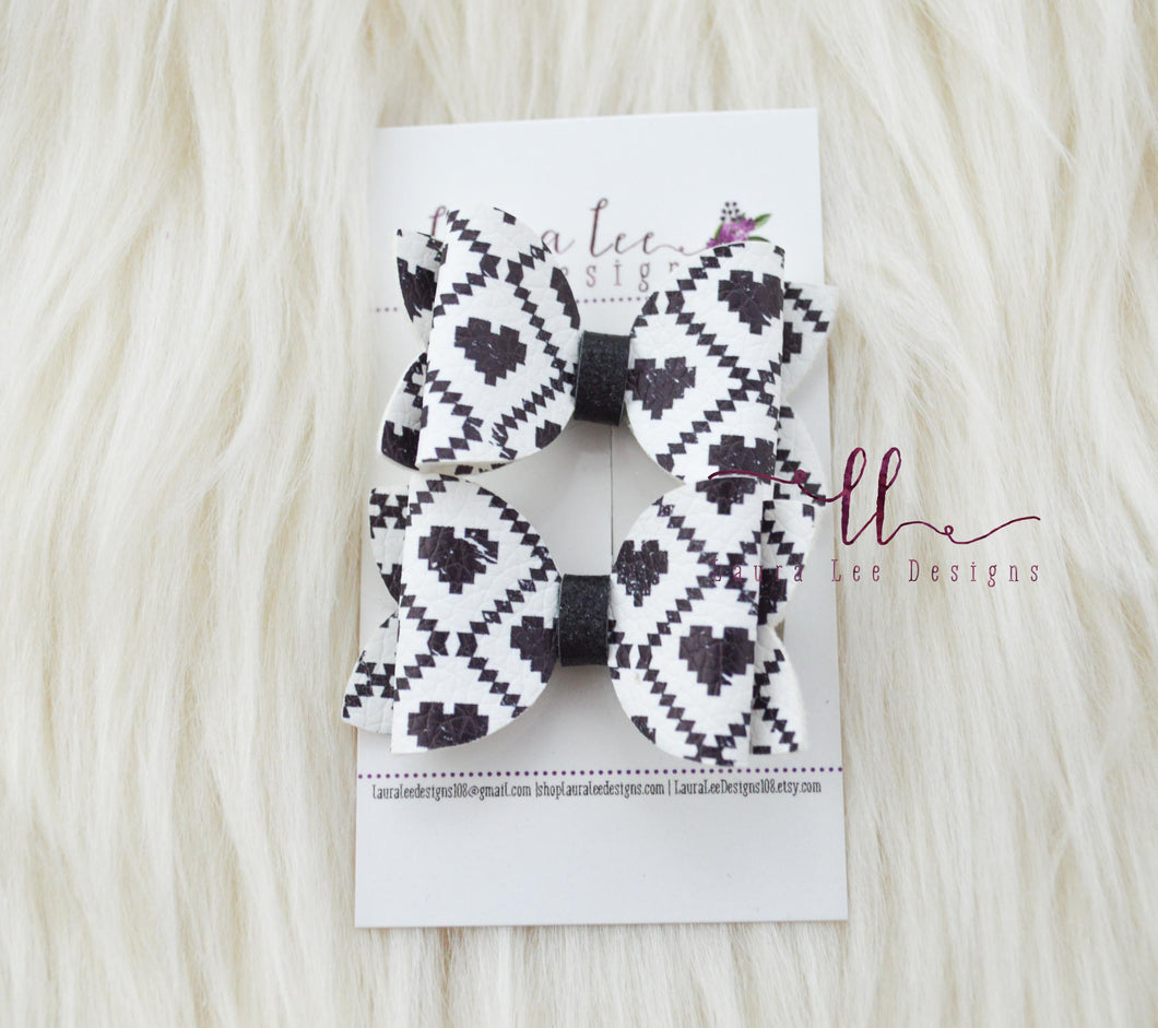 Pippy Style Pigtail Bow Set || Black and White Hearts Vegan Leather