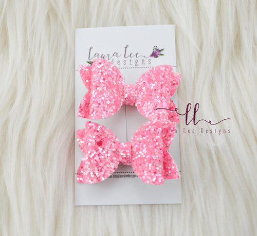 Pippy Style Pigtail Bow Set || Shocking Pink Glitter