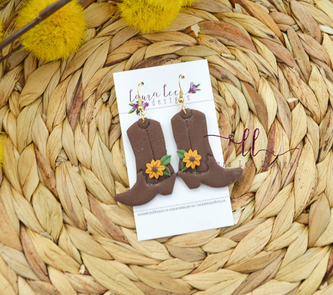 Boots Clay Earrings || Brown with Fall Flowers || Made to Order