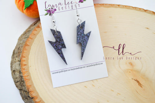 Small Lightning Bolt Resin Earrings || Dark Gray Holographic Glitter