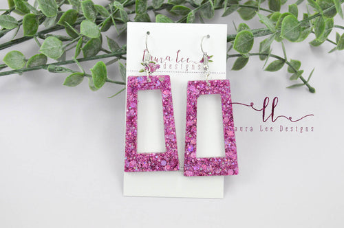 Resin Earrings || Pink Holographic Glitter Rectangle