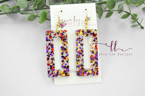 Resin Earrings || Purple, Red, and Gold Glitter Rectangle