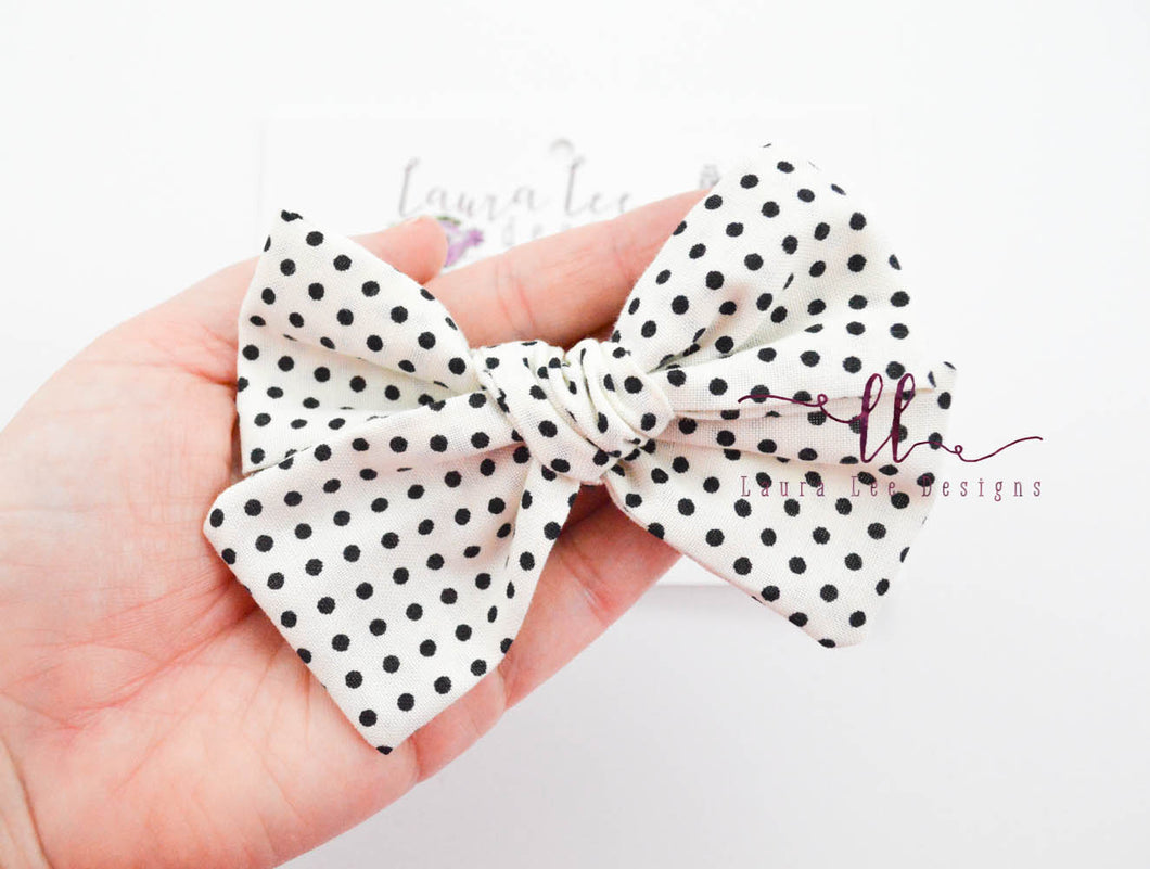 Large Handtied Timber Bow || Black and White Polka Dots