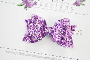 Mini Stacked Sabrina Style Bow || Lavender Glitter