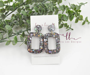 Rounded Rectangle Resin Earrings || Gray Confetti