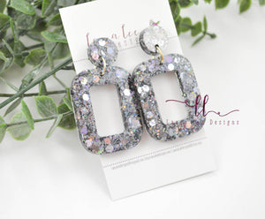 Rounded Rectangle Resin Earrings || Gray Confetti