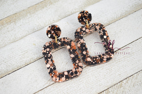 Stud Resin Earrings || Black and Rose Gold Glitter