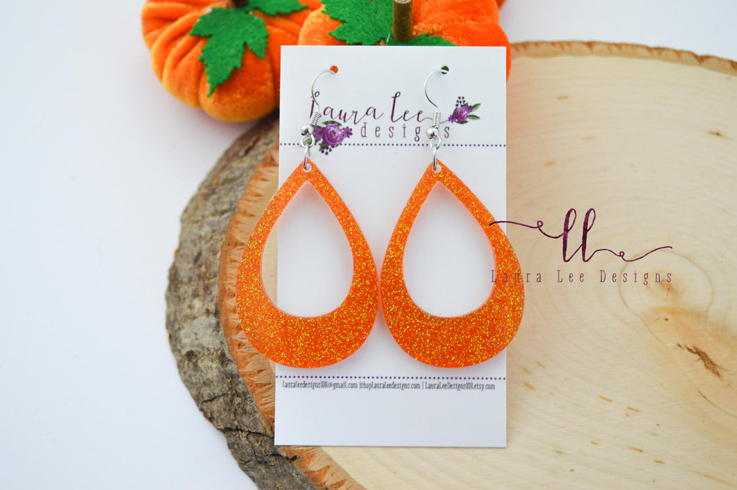 Teardrop Resin Earrings || Orange Glitter
