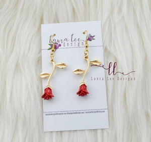 Rose Dangle Earrings || Red and Gold Roses